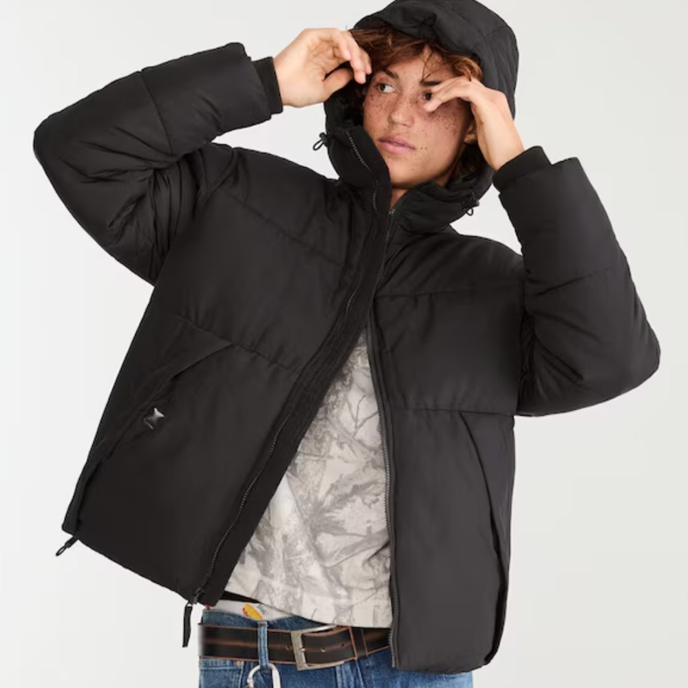 Aeropostale Puffer Jacket Mens Large Black Insulated Full Zip Hooded Outdoor NWT